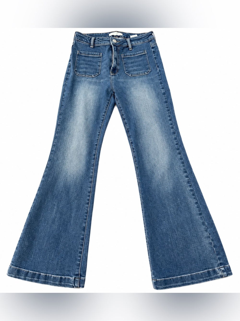 Risen Jeans Women 11/30 High Rise Wide Leg Flare Denim Medium Wash Stretch - Picture 2 of 9